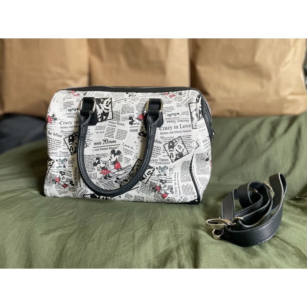 Disney Parks Mickey Minnie Mouse Crazy In Love Newspaper Print Satchel Bag Purse